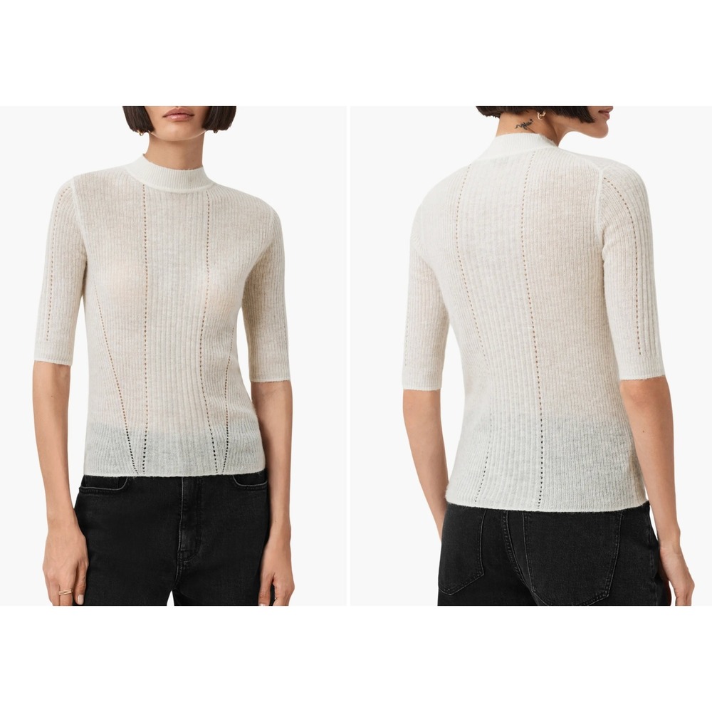 AllSaints Filippa Cream White Ribbed Wool Alpaca Mock Neck Sweater‎ Large NEW